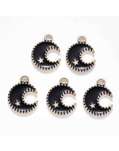 Luna-Estrella. Aleación de cobre y esmalte. Negro y dorado. 16x13x2 mm. 1.5 mm perforación. 4 uds
