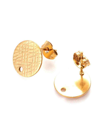 Pin para aretes con cierre o mariposa. Acero dorado con textura. 12 mm diámetro. 2 unidades