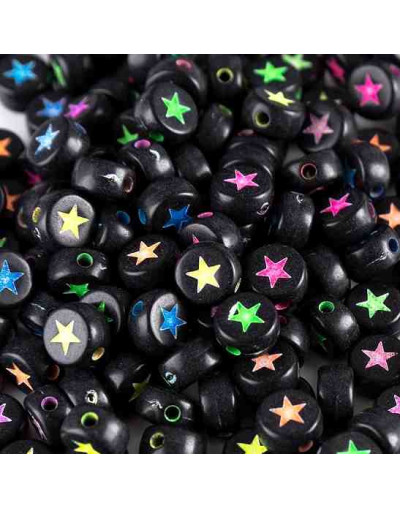 Estrella varios colores. Moneda negra. 7 milímetros lado. 1,5 mm perforación. 100 uds aproximado.