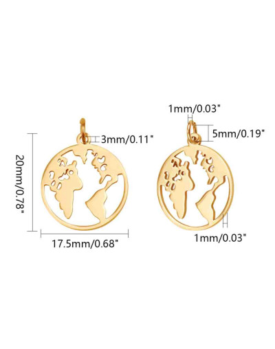 Mapa Mundi. Acero inoxidable. Color dorado. 20x17,5x1 mm. Con arandela 5 mm. 1 unidad