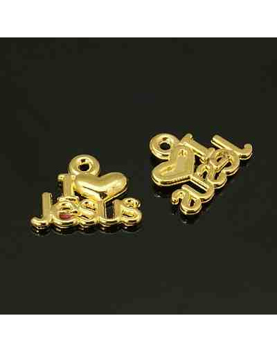 I love Jesus. Aleación de cobre.Color dorado. 13x15x2 mm. 2 mm de perforación. 10 unidades