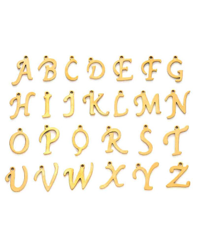 Set Abecedario. Acero inoxidable. Color dorado. 10 a 14 mmx1 mm. 1 mm perforación. 1 set 26 pcs