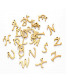 Set Abecedario. Acero inoxidable. Color dorado. 10 a 14 mmx1 mm. 1 mm perforación. 1 set 26 pcs Set Abecedario. Acero inoxidable. Color dorado. 10 a 14 mmx1 mm. 1 mm perforación. 1 set 26 pcs