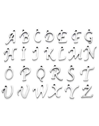 Set Abecedario. Acero inoxidable. Color plateado. 10 a 14 mmx1 mm. 1 mm perforación. 1 set 26 pcs