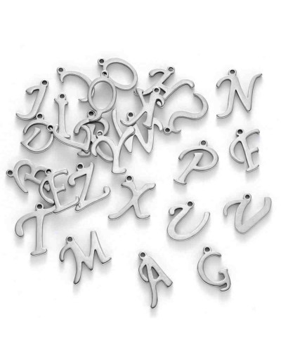 Set Abecedario. Acero inoxidable. Color plateado. 10 a 14 mmx1 mm. 1 mm perforación. 1 set 26 pcs