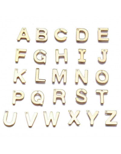 Set Abecedario. Acero inoxidable. Color dorado. 11x08 mm. 1 mm perforación. 1 set 26 pcs