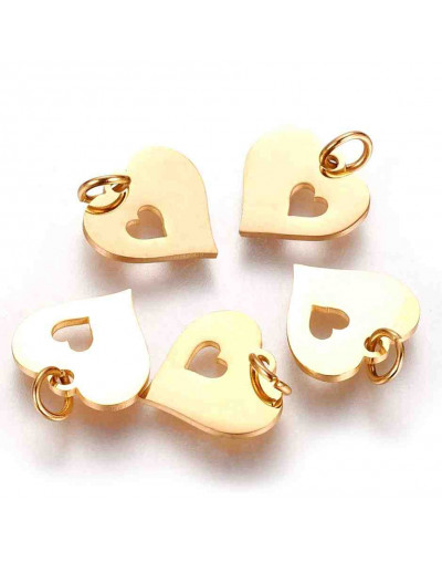 Corazón+corazón. Acero inoxidable. Color dorado. 12x12,5x1 mm. Con arandela 4 mm. 1 unidad