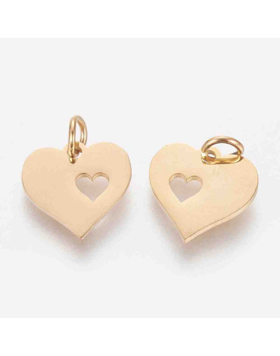 Corazón+corazón. Acero inoxidable. Color dorado. 12x12,5x1 mm. Con arandela 4 mm. 1 unidad