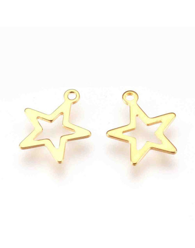 Estrella (calada). Acero inoxidable. Color dorado. 14,5x12,5x0,8 mm. 1,2 mm perforación. 2 unidades