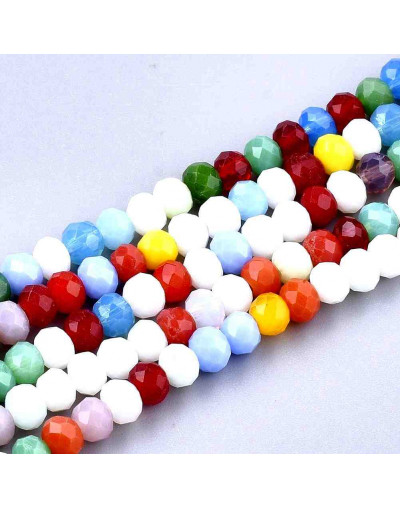 Rondelle faceteado. 4x3 milímetros. Varios colores. 1 mm perforación. 130 uds hilo (aproximado).