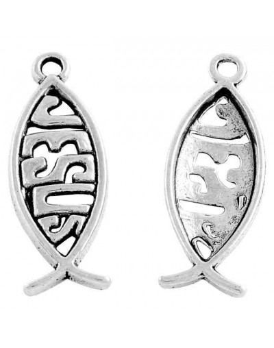 Jesus fish. Aleación de cobre. Color plata antigua. 26x9,5x2 mm. 2 mm de perforación. 10 unidades