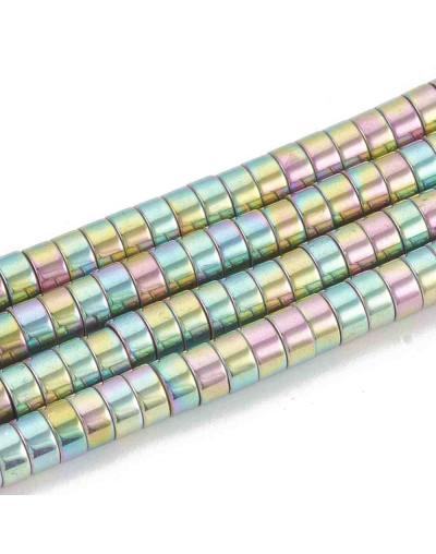 Hematite sintético. Heishi beads. Arcoiris 2. 4x2 mm. 1 mm perforación. 200 uds hilo aprox.