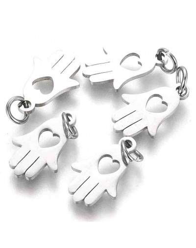 Mano de fátima+corazón. Acero inoxidable. Color plateado. 15x9,5x1 mm. Con arandela 4 mm. 1 unidad