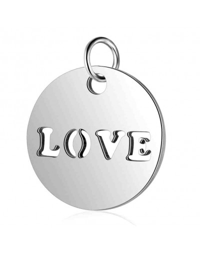 Medalla "LOVE". Acero inoxidable. Color plateado. 12x1 mm. Con arandela 4 mm. 1 unidad