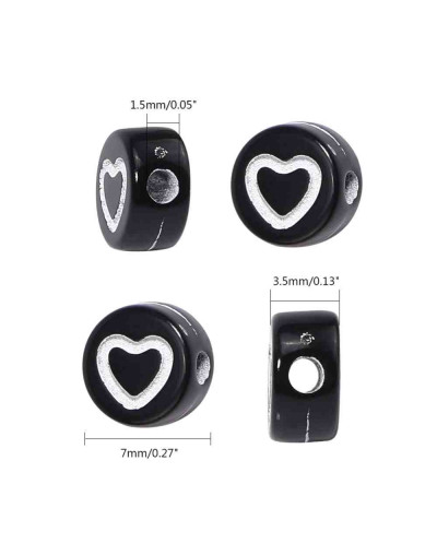 Corazón blanco. Moneda negra. 7 milímetros diámetro. 1,5 mm perforación. 100 uds aproximado.