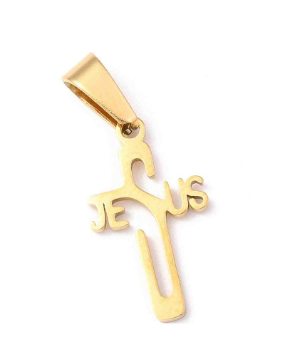 Cruz+Jesús. Acero inoxidable. Color dorado. 21x12x,2 milímetros. Cierre 7x3,5mm. 1 unidad.