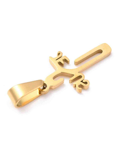 Cruz+Jesús. Acero inoxidable. Color dorado. 21x12x,2 milímetros. Cierre 7x3,5mm. 1 unidad.