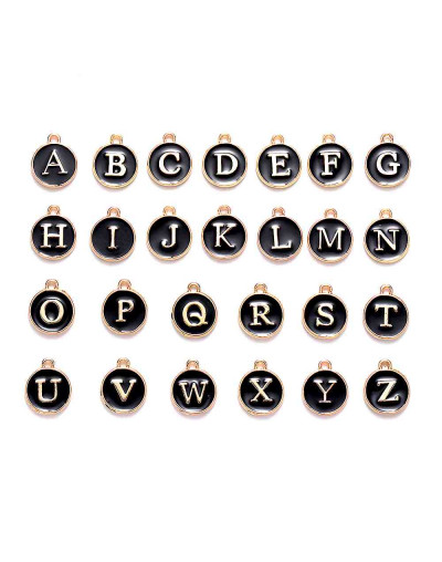 Set abecedario. Aleación de cobre y esmalte. Color Negro. 14x12x2 mm. 1.5 mm perforación