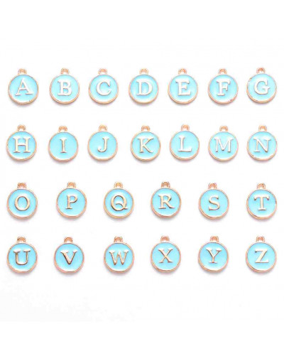Set abecedario. Aleación de cobre y esmalte. Color Celeste. 14x12x2 mm. 1.5 mm perforación