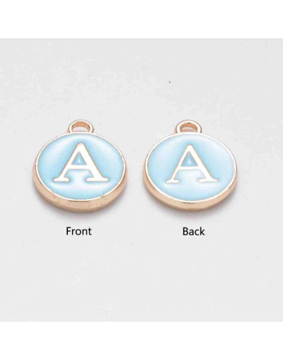 Set abecedario. Aleación de cobre y esmalte. Color Celeste. 14x12x2 mm. 1.5 mm perforación