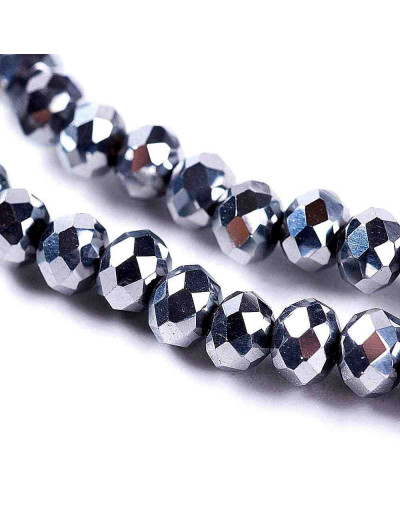 Rondelle faceteado. 4,5x3 milímetros. Electroplateado plata. 1 mm perforación. 120 uds hilo (aprox).