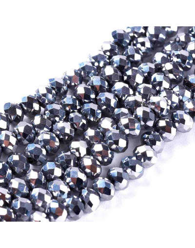 Rondelle faceteado. 4,5x3 milímetros. Electroplateado plata. 1 mm perforación. 120 uds hilo (aprox).