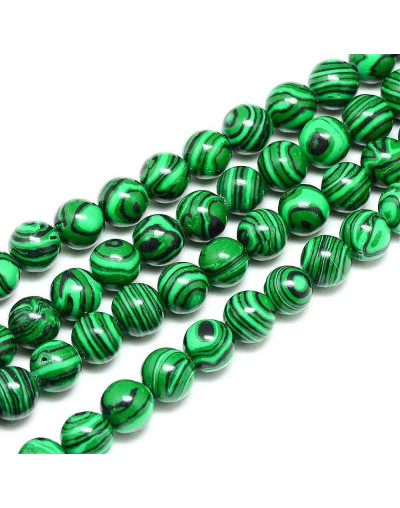 Malaquita sintética. 06 milímetros diámetro. 1 mm perforación. 60 unidades hilo (aproximado).