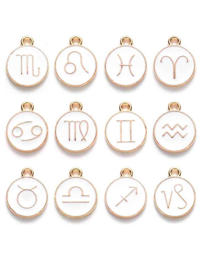 Set Zodiaco.Aleación de cobre y esmalte. Color blanco. 15x12x2. 1,50 mm perforación. Set 12 pcs