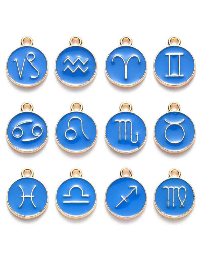 Set Zodiaco. Aleación de cobre y esmalte. Color azul. 15x12x2. 1,50 mm perforación. Set 12 pcs