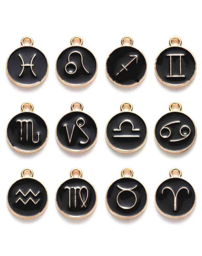 Set Zodiaco.Aleación de cobre y esmalte. Color negro. 15x12x2. 1,50 mm perforación. Set 12 pcs