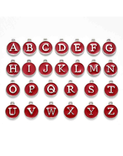 Set abecedario. Aleación de cobre y esmalte. Color rojo oscuro. 14x12x2 mm. 1.5 mm perforación