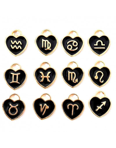 Set Zodiaco Corazón. Cobre y esmalte. Color negro. 15x12x2 mm 1,50 mm perforación. Set 12 pcs