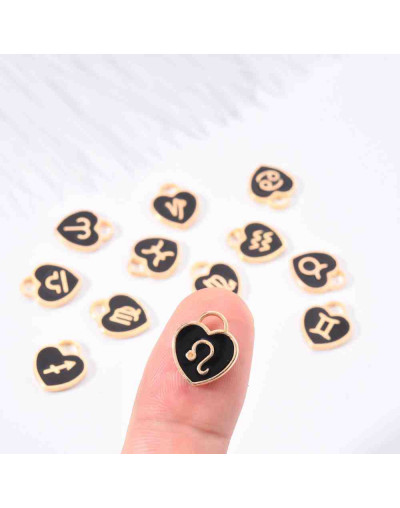 Set Zodiaco Corazón. Cobre y esmalte. Color negro. 15x12x2 mm 1,50 mm perforación. Set 12 pcs