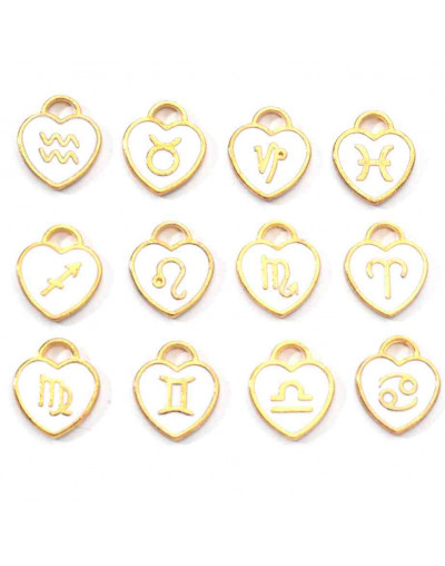 Set Zodiaco Corazón. Cobre y esmalte Color blanco 15x12x2 mm 1,50 mm perforación. Set 12 pcs