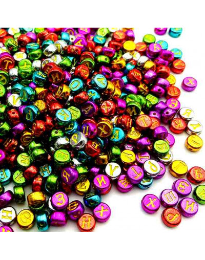 Letra amarilla. Moneda varios colores eléctricos. 7 mm diámetro. 1,5 mm perforación. 100 uds aprox.