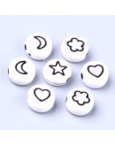 Flor, estrella, luna y corazón. Moneda blanca. 6,5 mm diámetro. 1,5 mm perforación. 100 uds aprox. Flor, estrella, luna y corazón. Moneda blanca. 6,5 mm diámetro. 1,5 mm perforación. 100 uds aprox.