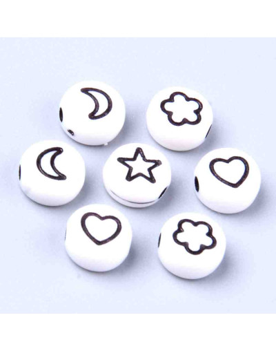 Flor, estrella, luna y corazón. Moneda blanca. 6,5 mm diámetro. 1,5 mm perforación. 100 uds aprox.