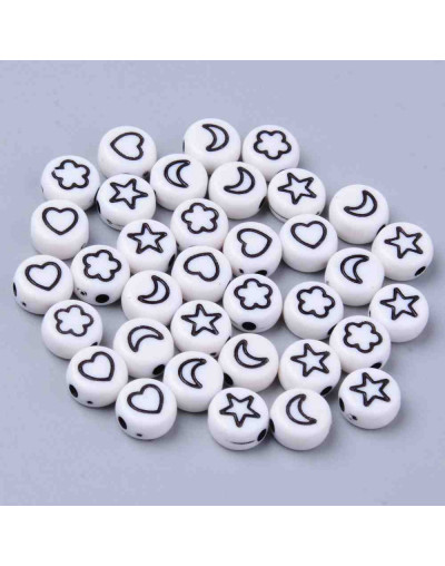 Flor, estrella, luna y corazón. Moneda blanca. 6,5 mm diámetro. 1,5 mm perforación. 100 uds aprox.