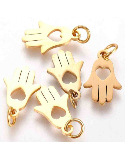 Mano de fátima+corazón. Acero inoxidable. Color dorado 15x9,5x1 mm. Con arandela 4 mm. 1 unidad
