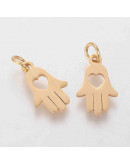 Mano de fátima+corazón. Acero inoxidable. Color dorado 15x9,5x1 mm. Con arandela 4 mm. 1 unidad Mano de fátima+corazón. Acero inoxidable. Color dorado 15x9,5x1 mm. Con arandela 4 mm. 1 unidad