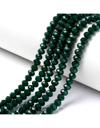 Rondelle faceteado. 6x4 milímetros. Verde oscuro. 1 mm perforación. 90 uds hilo (aproximado).