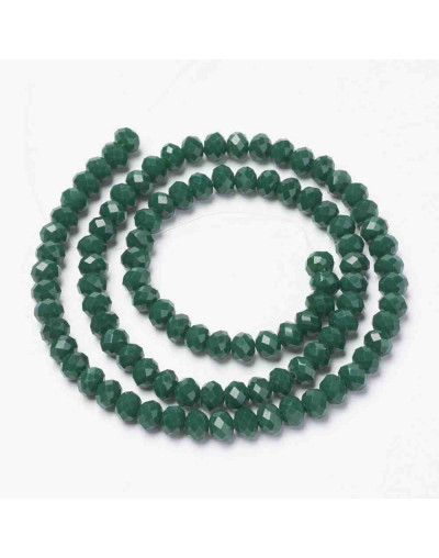 Rondelle faceteado. 6x4 milímetros. Verde oscuro. 1 mm perforación. 90 uds hilo (aproximado).