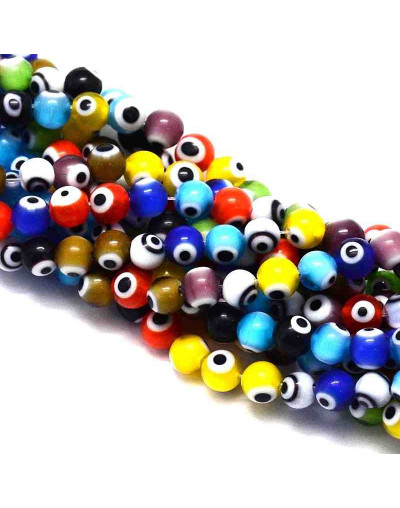 Ojo turco. Esfera. Colores variados. 6 milímetros diámetro. 1 mm perforación. 65 uds hilo (aprox.)