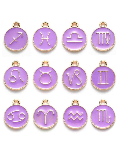 Set Zodiaco.Aleación de cobre y esmalte. Color purple. 15x12x2. 1,50 mm perforación. Set 12 pcs