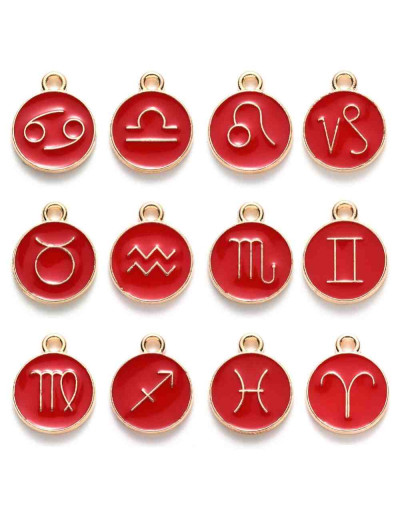 Set Zodiaco.Aleación de cobre y esmalte. Color rojo. 15x12x2. 1,50 mm perforación. Set 12 pcs