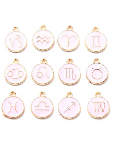 Set Zodiaco.Aleación de cobre y esmalte. Color rosado. 15x12x2. 1,50 mm perforación. Set 12 pcs