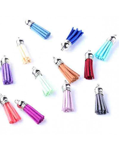 Tassel. Gamuza+Acrílico. plateado. Colores variados. 35x10 mm. 2.5 mm agujero. 4 unidades