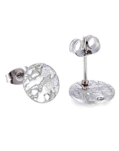 Pin para aretes con cierre o mariposa. Acero plateado con textura. 10 mm diámetro. 2 unidades