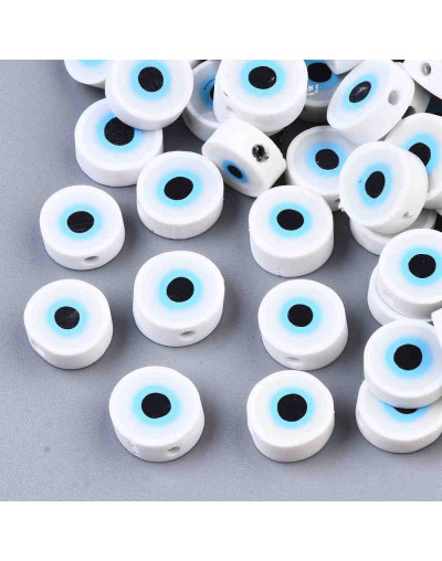 Ojos turcos. Blanco+celeste. 10,5x5 milímetros. 1,2 mm perforación. 10 unidades,