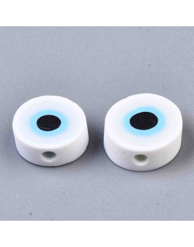 Ojos turcos. Blanco+celeste. 10,5x5 milímetros. 1,2 mm perforación. 10 unidades,